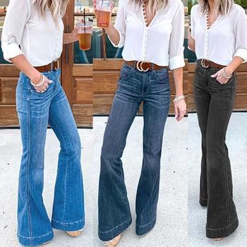 Moterų Džinsus Aukšto Juosmens Elegantiškas Džinsai Moterims 2020 Jeans Mėlyna Juoda Plauti Tiesiai Džinsinio Flare Kelnės Derliaus Streetwear D30