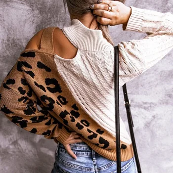 Moterų Golfo Seksualus Off Peties Megztiniai Rudenį Elegantiškas Leopardas Spausdinti Kratinys Puloveris Streetwear Tuščiaviduriai Iš Viršūnės