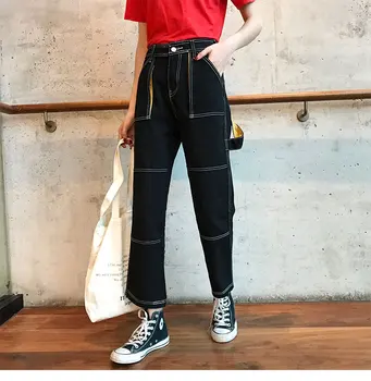 Moterų Harajuku Black Jeans Cool Girl Streetwear Platus Leggs Rudenį, Pavasarį Didelio Dydžio korėjos Stiliaus Moterų Apačioje Kelnės B63