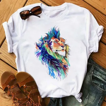 Moterų Harajuku Grafinis T-shirt Atsitiktinis Gyvūnų Moterų Streetwear Viršūnes Maycaur Mados Moterų Vilkas Tigras, Liūtas Plunksnų White T-shirt