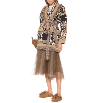 Moterų Leopard Paltai Žakardo Kašmyro Megztiniai Džemperis Cardigan Derliaus Kutais Ilgomis Rankovėmis Žiemą Storas Šiltas Kailis Boho Outwear