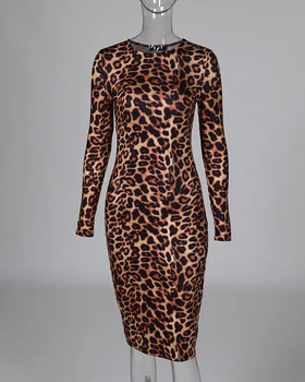 Moterų Mados Elegantiškas Šalis Slim Fit Midi Suknelė Streetwear Leopardas Spausdinti Ilgomis Rankovėmis Bodycon Suknelė