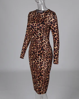 Moterų Mados Elegantiškas Šalis Slim Fit Midi Suknelė Streetwear Leopardas Spausdinti Ilgomis Rankovėmis Bodycon Suknelė