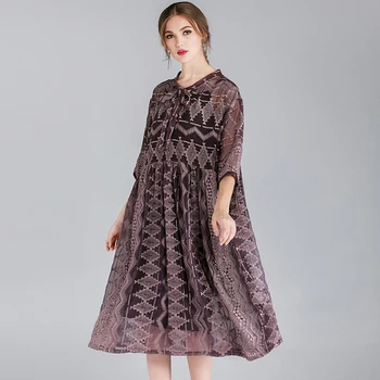 Moterų mados prarasti Siuvinėjimo šifono suknelės aukšto juosmens atsitiktinis dviejų dalių Elegantiška suknelė Vidurio rankovėmis v-kaklo didelio dydžio suknelę