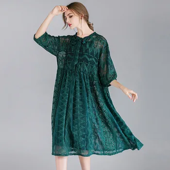 Moterų mados prarasti Siuvinėjimo šifono suknelės aukšto juosmens atsitiktinis dviejų dalių Elegantiška suknelė Vidurio rankovėmis v-kaklo didelio dydžio suknelę