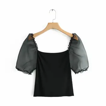 Moterų mados sluoksniuotos rankovėmis kratinys megzta palaidinė marškinėliai moterims streetwear lieknėjimo blusas elegantiškos retro juoda viršūnes LS3805