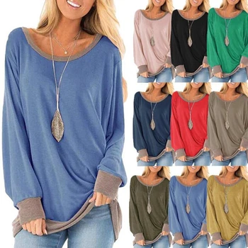 Moterų naujų rudens spalvų atitikimo apvalios kaklo, ilgomis rankovėmis prarasti atsitiktinis marškinėliai