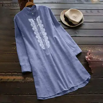 Moterų Nėriniai Stiching Palaidinė ZANZEA 2021 Elegantiškas Dryžuotas Marškinėliai Atsitiktinis ilgomis Rankovėmis Mygtuką Ilgai Viršų Moteriška Atvartas Tunika Plius Dydis