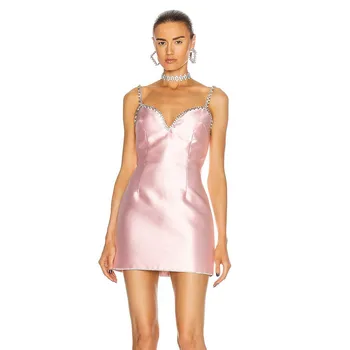Moterų Pavasario Seksualus Rankovių Backless Rožinė Deimantų Blizgančių Mados Lady Suknelė 2021 Dizainerio Mados Vakarą Šalis Suknelė Vestido
