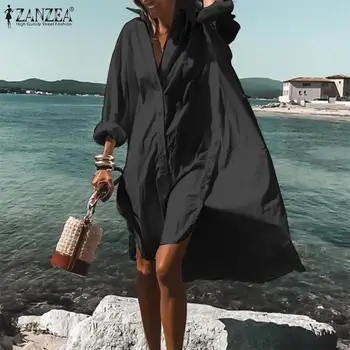 Moterų Pavasario Suknelė ilgomis Rankovėmis Chalatas, ZANZEA 2021 Atsitiktinis Suknelė Seksualus Mygtukai Turn-žemyn Paplūdimio Sundress Plus Size Vestidos S-5XL
