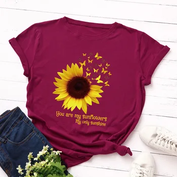 Moterų Saulėgrąžų Drugelis Spausdinti Pagrindinis T-shirt Harajuku Gėlių Grafinis vatos Pagaliukai Vasaros Didelio Dydžio Estetinės Tee Tshirts Ponios
