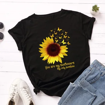 Moterų Saulėgrąžų Drugelis Spausdinti Pagrindinis T-shirt Harajuku Gėlių Grafinis vatos Pagaliukai Vasaros Didelio Dydžio Estetinės Tee Tshirts Ponios