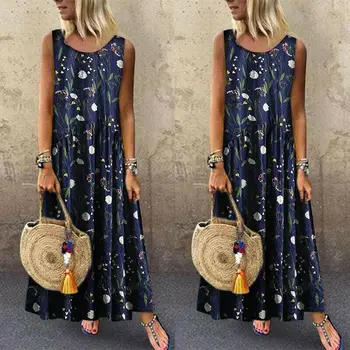 Moterų Suknelė 2019 mados moterų spausdinti Bohemijos Gėlių ilgas, Maxi berankovis suknelė vakare šalies vasaros beach sun suknelė o-kaklo karšto