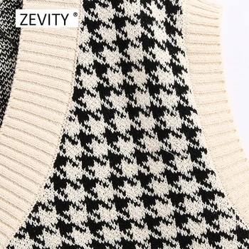 Moterų vintage v kaklo houndstooth pledas modelio megzti atsitiktinis laisvas megztinis liemenė moteriška kratinys be rankovių megztiniai viršūnes CT516