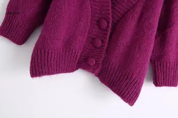Moterų violetinė negabaritinių apkarpytos džemperis cardigan pasėlių viršuje 3/4 rankovėmis megzti striukė kailis trikotažas jumper traukti femme rudenį