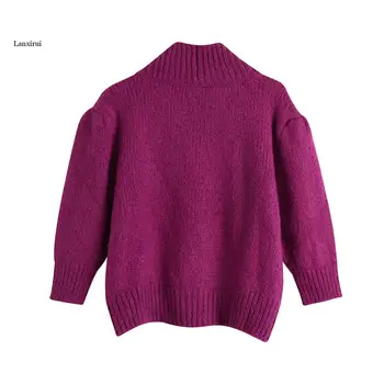 Moterų violetinė negabaritinių apkarpytos džemperis cardigan pasėlių viršuje 3/4 rankovėmis megzti striukė kailis trikotažas jumper traukti femme rudenį