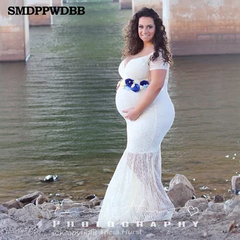 Motinystės Fotografija Rekvizitai Motinystės Suknelė Baby Shower Motinystės Fotosesiją Maxi Suknelė Trumpomis Rankovėmis V-Kaklo Išjungti Peties