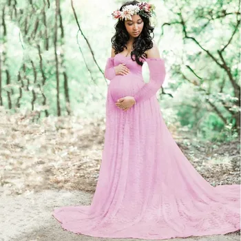 Motinystės Nėrinių+Medvilnės Suknelė Fotografijos Rekvizitai Ilgomis Rankovėmis Mados Moterų Suknelė Suknelės Gale Stilius Baby Shower Suknelė Plius Dydis