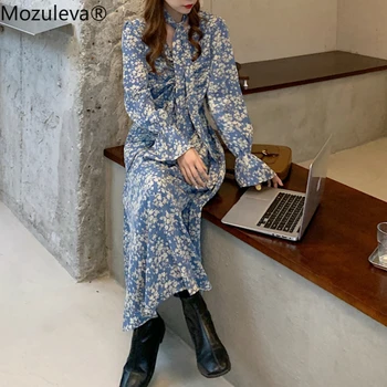 Mozuleva 2020 m. Rudens Derliaus Plisuotos V-kaklo Gėlių Spausdinti Moterų Šifono Mėlyna Suknelė moterų Elastinga Juosmens Pynimas Plus Size Vestidos