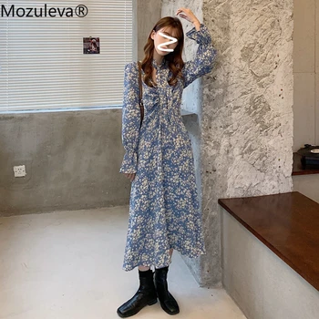 Mozuleva 2020 m. Rudens Derliaus Plisuotos V-kaklo Gėlių Spausdinti Moterų Šifono Mėlyna Suknelė moterų Elastinga Juosmens Pynimas Plus Size Vestidos