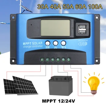 MPPT Saulės Įkrovimo Valdiklis USB Dual LCD Auto Saulės Elementų Skydelis Įkroviklis Reguliatorius MPPT 60A 30A 40A 50A 100A Saulės Regulador