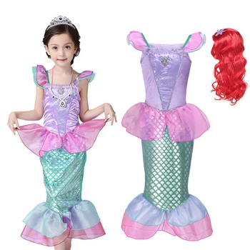 MUABABY Merginos Ariel Kostiumas Vaikas Little Mermaid Princess Fancy Dress Up Drabužiai Vaikams, Vasaros Paplūdimio Apranga Gimtadienio Drabužiai