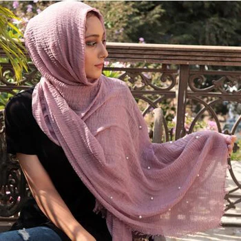 Musulmonų vingiuoti hijab Skaros ir apsiaustas vientisos spalvos moterų galvos skara turbaną femme musulman hijabs foulard su perlų 180*100cm