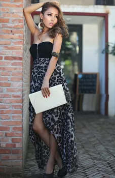 MwOiiOwM šalis suknelė moterų suknelės, naujos mados 2013 Leopard Šifono Bustier Maxi Vakarą Klubo Suknelė F