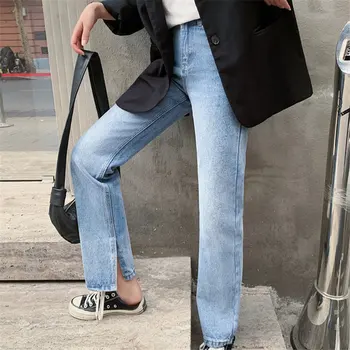 Mėlyna Laisvi Džinsai Denim Išskaidyti Karšto Pants Plus Size Kietas Aukšto Juosmens Visų Rungtynių Streetwear Moteris Atsitiktinis Pločio Kojų Kelnės Office Lady