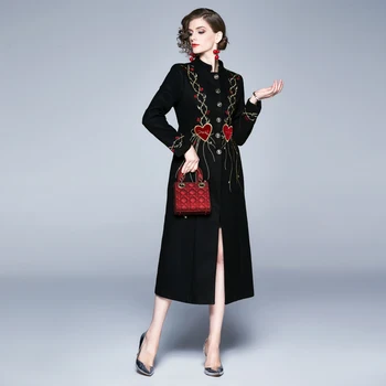 Nauja Elegantiška Vintage Mados Moterų Siuvinėjimo Mygtukas Plonas Tunika Padalinta Suknelė Office Lady Ilgomis Rankovėmis 
