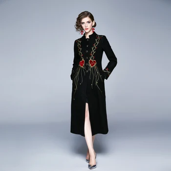 Nauja Elegantiška Vintage Mados Moterų Siuvinėjimo Mygtukas Plonas Tunika Padalinta Suknelė Office Lady Ilgomis Rankovėmis 