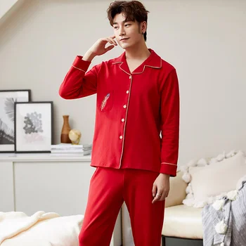 Nauja Rudens Vyrų Pižama ilgomis Rankovėmis Raudona Cardigan Vyrų Pajama Nustatyti Vyrų Grynas Visą Medvilnės Pižama Vyrams Sleepwear Kostiumas homewear 4XL