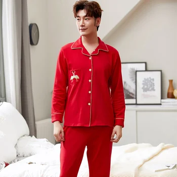 Nauja Rudens Vyrų Pižama ilgomis Rankovėmis Raudona Cardigan Vyrų Pajama Nustatyti Vyrų Grynas Visą Medvilnės Pižama Vyrams Sleepwear Kostiumas homewear 4XL