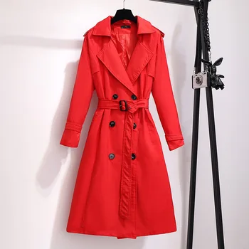 Nauja rudens žiemos plius dydis paltai moterims didelis atsitiktinis dulkės, ilgos tranšėjos paltai su diržo raudona juoda 3XL 4XL 5XL 6XL 7XL