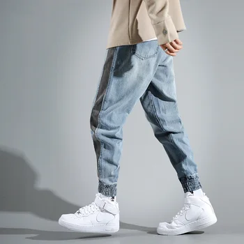 Naujai Mados Streetwear Vyrų Džinsai Juoda Juostele Spliced Dizaineris Haremas Džinsai Vyrai Džinsinio Audinio Krovinių Kelnės Jaunimo Hip-Hop Poilsiu Džinsai