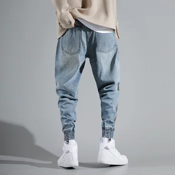 Naujai Mados Streetwear Vyrų Džinsai Juoda Juostele Spliced Dizaineris Haremas Džinsai Vyrai Džinsinio Audinio Krovinių Kelnės Jaunimo Hip-Hop Poilsiu Džinsai