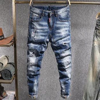 Naujai Mados Streetwear Vyrų Džinsai Retro Mėlyna Dažytos Elastinga Slim Fit Ripped Jeans Spliced Dizaineris Hip-Hop Dviratininkas Kelnes Hombre