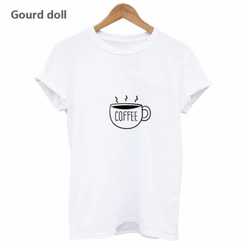 NAUJAS 2019 Harajuku Kavos Laišką modelio Marškinėliai Moterims Mados marškinėliai Moteriška Atsitiktinis Viršūnes trumpomis Rankovėmis T-shirt Moterims, juoda/balta