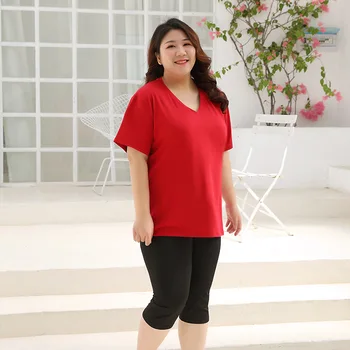 Naujas 2021 Korėja vasaros stiliaus plius dydis viršūnes moterų dideli laisvi trumpas rankovės medvilnės raudona V kaklo T-shirt 3XL 4XL 5XL 6XL 7XL
