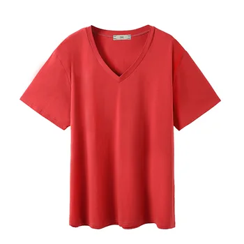 Naujas 2021 Korėja vasaros stiliaus plius dydis viršūnes moterų dideli laisvi trumpas rankovės medvilnės raudona V kaklo T-shirt 3XL 4XL 5XL 6XL 7XL