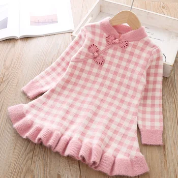 Naujas Baby girl drabužiai triušio kailio megztiniai megztinis suknelė Kinijos retro stiliaus cheongsam suknelė baby girl dress storas šiltas nėrinių suknelė