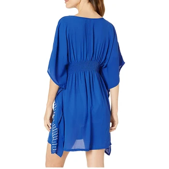 Naujas Bikini Suknelė V Kaklo Siuvinėjimo Mėlyna Paplūdimio Mini Suknelė Plius Dydis Paplūdimio Suknelė Sarongas Tunika Paplūdimio Pareo Paplūdimio