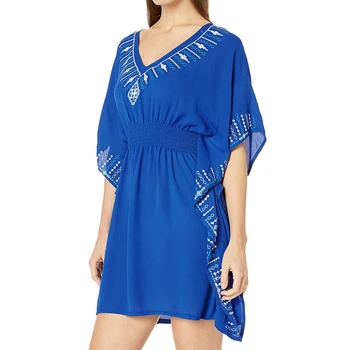 Naujas Bikini Suknelė V Kaklo Siuvinėjimo Mėlyna Paplūdimio Mini Suknelė Plius Dydis Paplūdimio Suknelė Sarongas Tunika Paplūdimio Pareo Paplūdimio