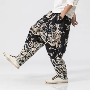 Naujas Dragon Spausdinimo Haremo Kelnės Vyrams Kinų Stiliaus Atsitiktinis Palaidų Medvilnės Skalbiniai Sweatpants Jogger Pants Mens Streetwear Kelnės