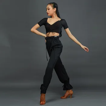 Naujas lotynų Šokių Kostiumų Mados Juoda Tvarstis Dizaino Kelnės suaugusi lotynų Šokių Konkurencijos Kelnes lotynų Dancewear DQS5899