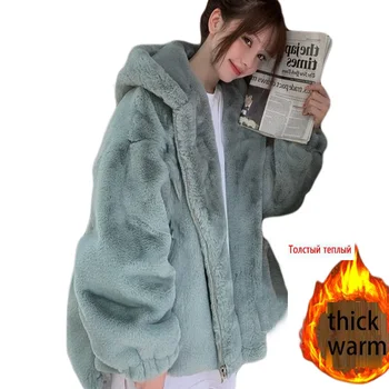 Naujas Mados Žiemos Paltai Moterims Prabanga Dirbtiniais Fox Fur Coat Plius Dydis Moterų Gobtuvu Ilgomis Rankovėmis Dirbtiniais Kailiais Striukė