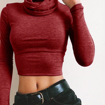 Naujas Seksualus Marškinėliai Moterims Ilgomis Rankovėmis Golfo Atsitiktinis Slim Apkarpyti Viršūnes Kietas Marškinėliai Liesas Clubwear Trumpas Viršuje 2021