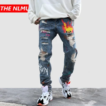 Nauji Skinny Džinsai Vyrams Streetwear Sunaikinta Ripped Jeans Homme Hip Hop, Broken Grafiti Spausdinti Pieštuku Dviratininkas Džinsinio audinio Kelnės Skylę GM478