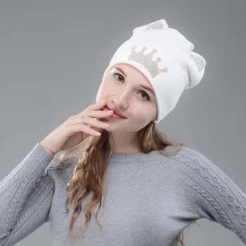 Naujo Dizaino Moterų Beanies Skullies Mergina Mielas Žiemos Skrybėlę Su Kačių Ausų Blizga Karūna kalnų krištolas beanies moterų mergina didmeninės