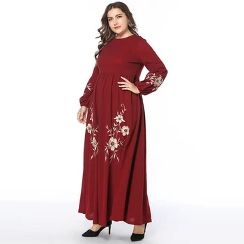 Naujų Gėlių Siuvinėjimas Plius Dydis Turkijos Moterų Abaja Suknelė Islamo Apranga Moterims Mados Žibintų Rankovės Musulmonų Suknelė Skraiste Vyno